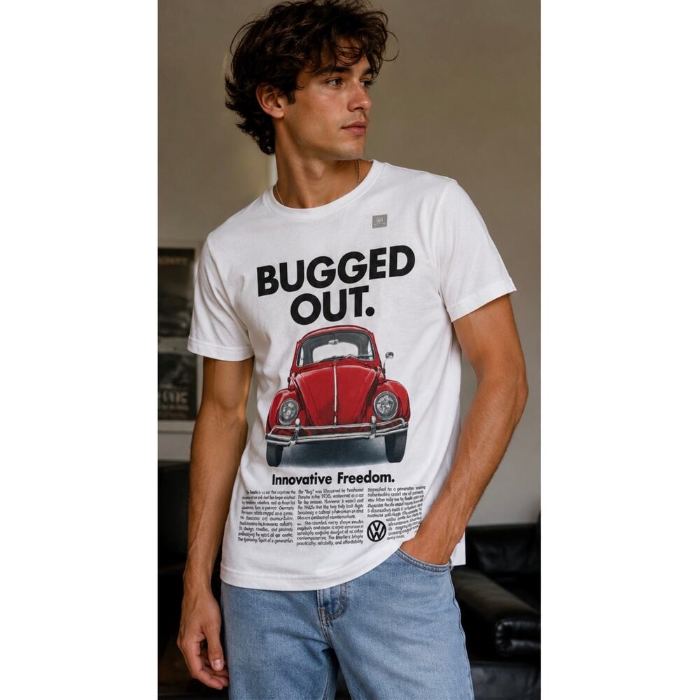 Volkswagen “Bugged Out” Graphic Tee White Red VW Beetle T-Shirt Men’s Medium NWT